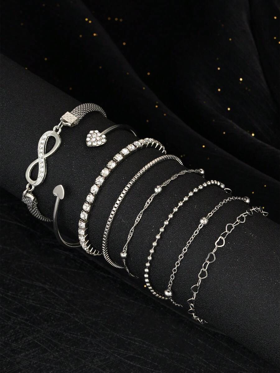 8pcs Bracelet Set, Beach-Inspired And Fashionable, Featuring Heart, Round Gem, Water Drop, Infinity, And Lucky Elements, Suitable For Women's Daily Wear Or Night Out Party. The Set Includes Bracelets And Bangles With Simple & Stylish Design, Decorated With Rhinestones And Heart-Shaped Charms. Perfect Gift For Any Occasion! Valentines,Mom,Mother,Mother's Day,Gift