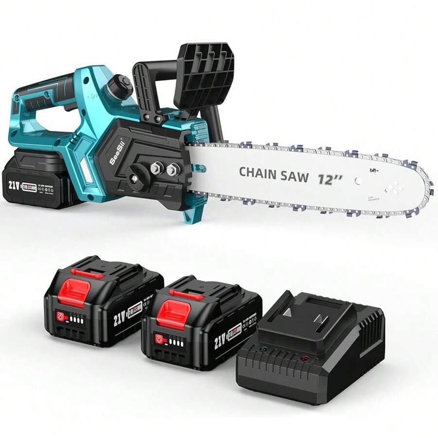 Seesii Battery Chainsaw Cordless 12-Inch, Hand Held Chain Saw, 12-In Portable Chainsaw Battery Powered Chain Saws For Trees Wood Cutting, 2 * 5.0Ah Battery And Charger Included, CH1200+
