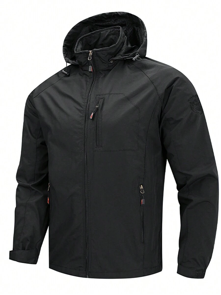 1pc Outdoor Men's Multi-Pocket Black Windbreaker Jacket, Sports Coat
