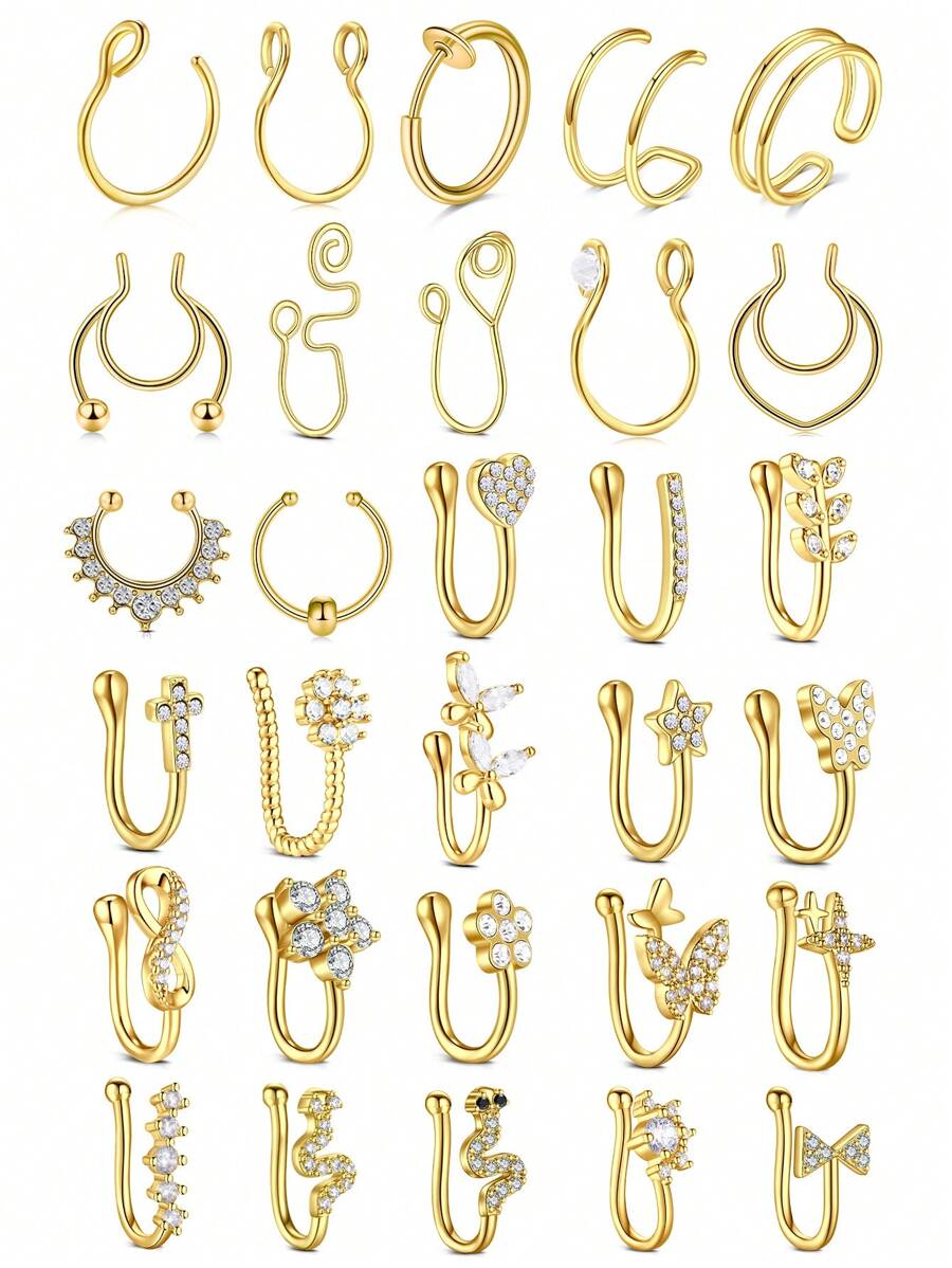 CIZME 1PC Fake Nose Ring CZ African Nose Cuffs Gold Faux Septum Nose Rings Clip On Nose Jewelry For Woman Non Pierced Jewelry, Multi-Style Fake Nose Rings For Women African Nose Cuff Non Piercing Nice Gift For Her On Birthday/Valentine's Day/Christmas, Fake Septun Fake Nose Ring