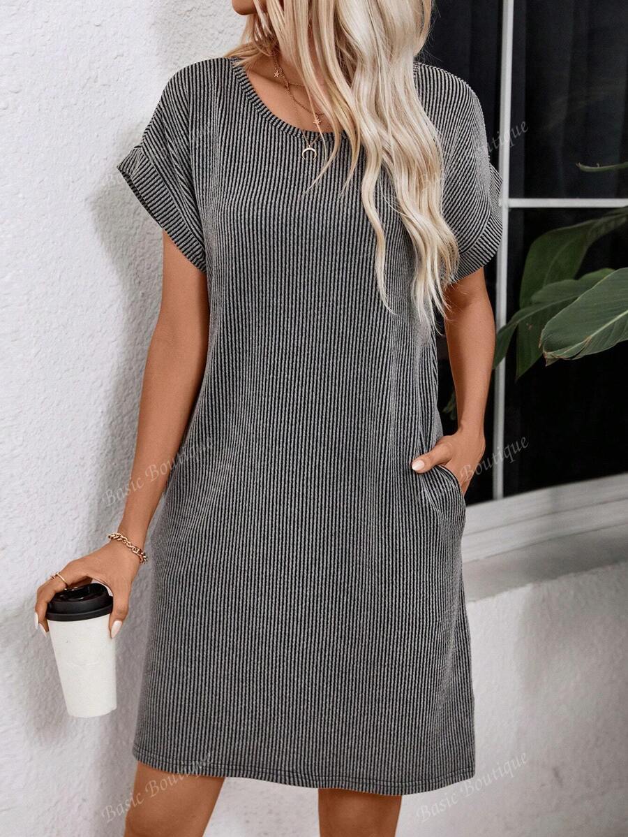 Women's Casual Knee-Length Dress With Ribbed Round Neck Batwing Sleeve