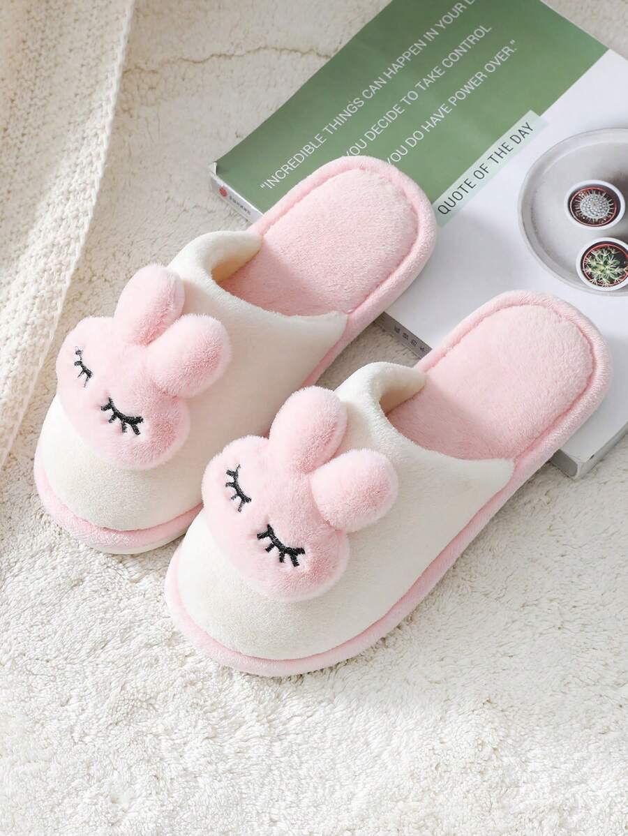 Chinelos internos antiderrapantes e grossos de pelúcia para mulheres, chinelos de quarto de coelho fofo e quente de inverno/outono em estilo cartoon e cores de doces, rosa/verde/cinza/café