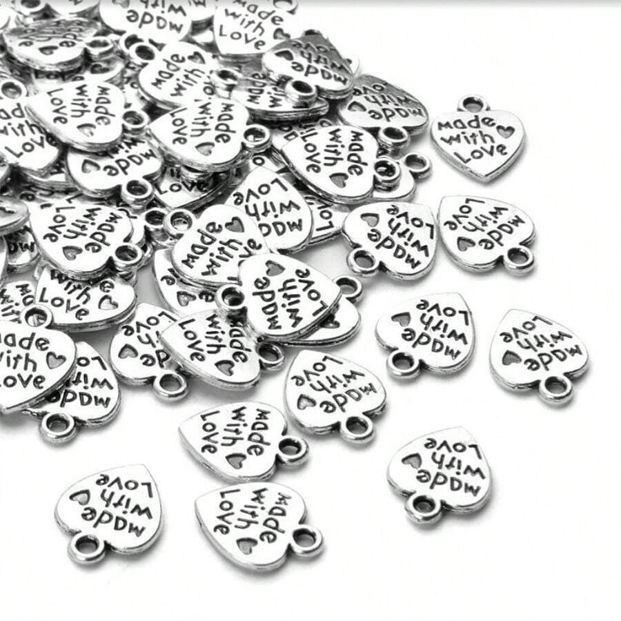 20 pièces/50 pièces/100 pièces Étiquettes pendentifs en forme de cœur plaqué argent avec inscription "Made With Love" pour la fabrication de bijoux DIY