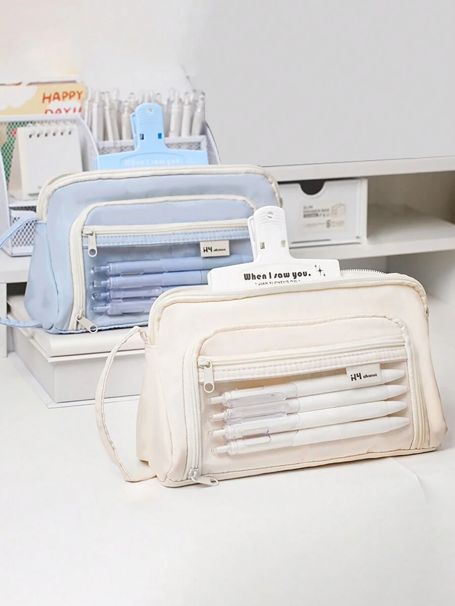1pc Large Capacity Clear Macaron Portable Transparent Stationery Pen Bag, Fabric Convenient Multi-Layer Desktop Stationery Storage Bag, Can Be Used To Store Pen Ruler Notes, Etc., Campus Series Zipper Large Opening Multi-Functional Pencil Case Cosmetics Storage Bag,Pencil Pouch,School Bag