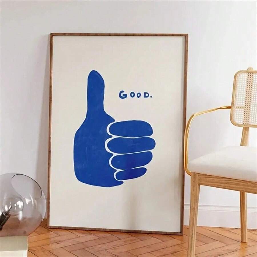 1pc Retro Thumbs Up Blue Canvas Print Wall Art Poster Eclectic Good Artwork For Living Room Minimalist Hand Drawn Style Room Home Decoration Party Gift No Framed Gifts Birthday Graduation