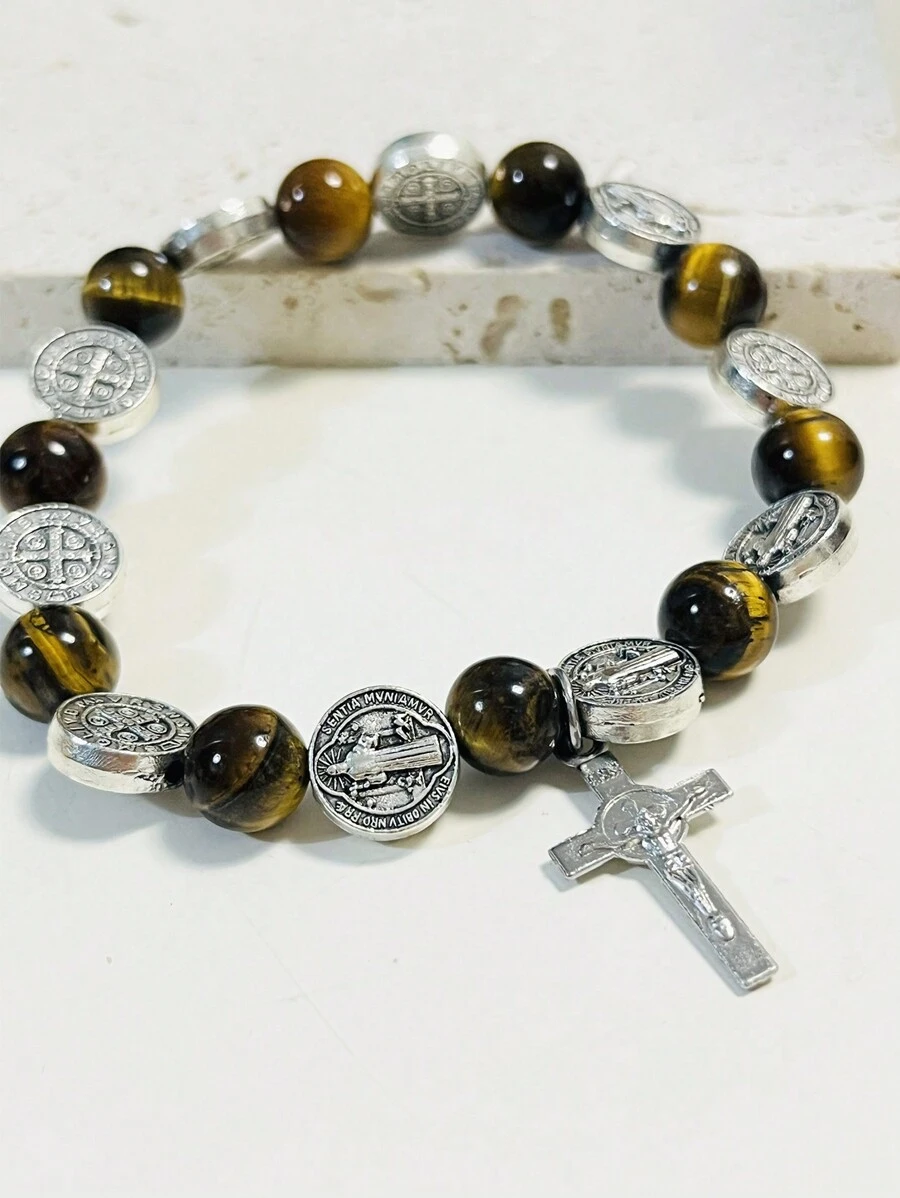 1pc Vintage Saint Benedict Natural Stone Bead, Tiger Eye Cross Alloy Pendant, Prayer Beads Bracelet For Men