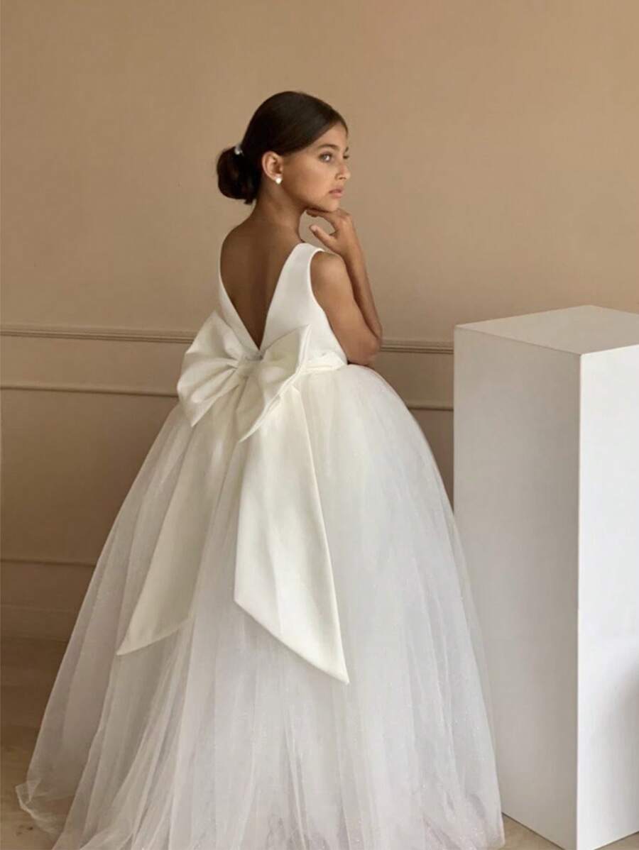 Vestido de fiesta de princesa con cuello en V y moño para niña preadolescente, adecuado para fiesta de cumpleaños, regalo del Día de San Valentín, vestido de dama de flores para bodas, disfraz para cosplay, baile de disfraces y celebración de festivales