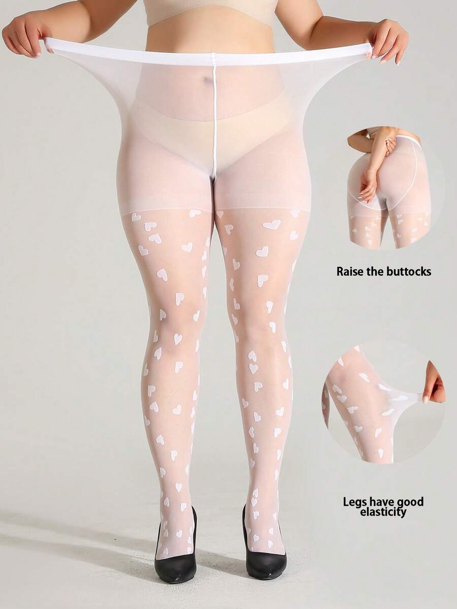 1pc Plus Size Women's White Heart Jacquard Skinny Tights, Fashionable Stretchy Seamless Leggings