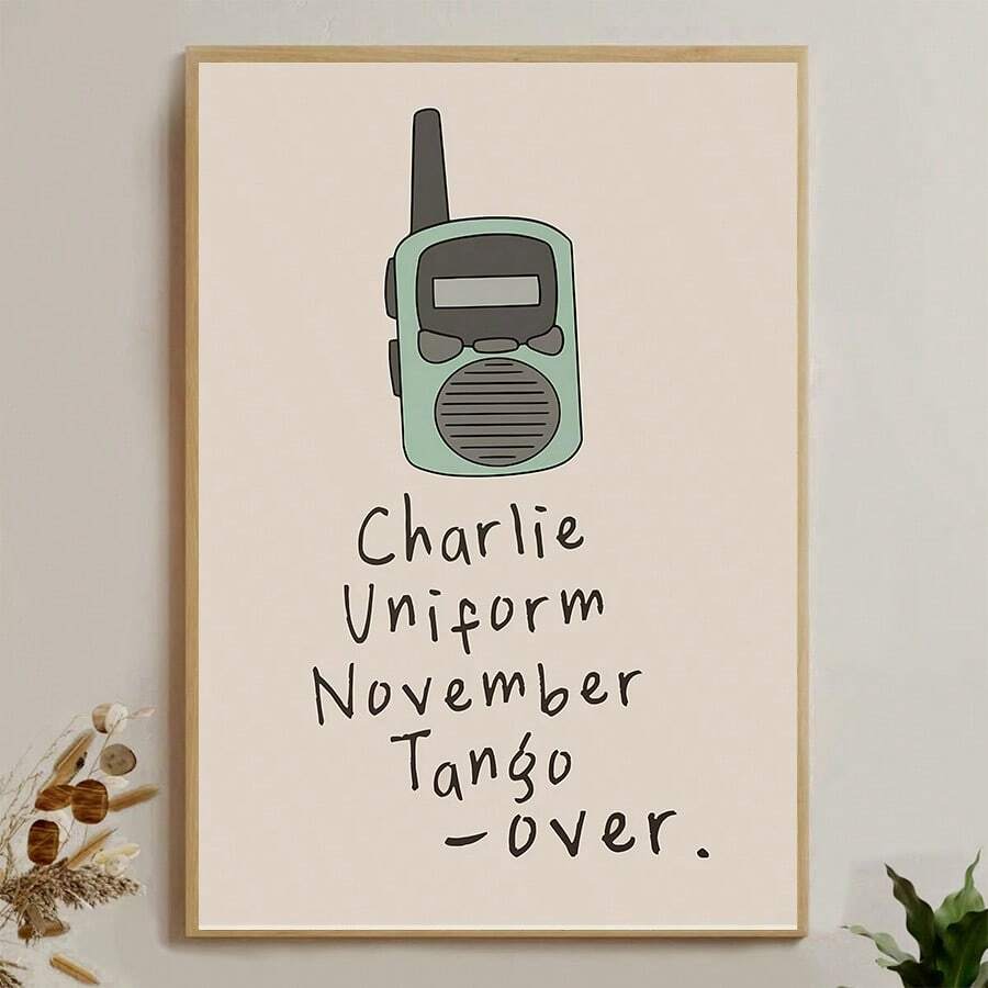 1 pieza sin marco, cartel del Walkie-Talkie, impresiones de lienzo con texto azul y crema, 'Charlie Uniform November Tango Over', decoración divertida, arte de pared de lienzo de humor sencillo, pintura artística de regalo, para dormitorio, sala de estar, decoración de pared del hogar y dormitorio