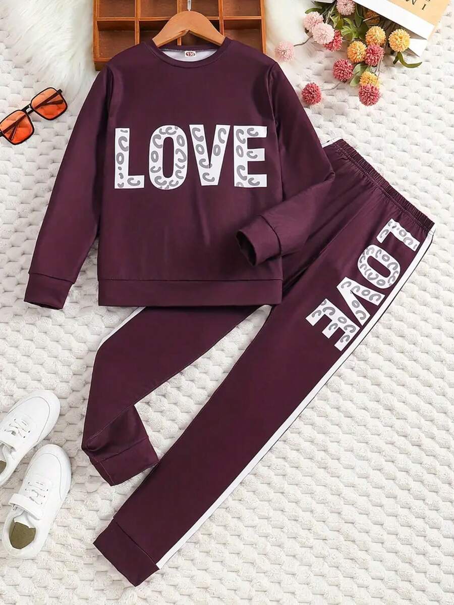 Conjunto de ropa con patrón de letras LOVE para niña preadolescente, top de cuello redondo + pantalones, regalo para primavera y otoño
