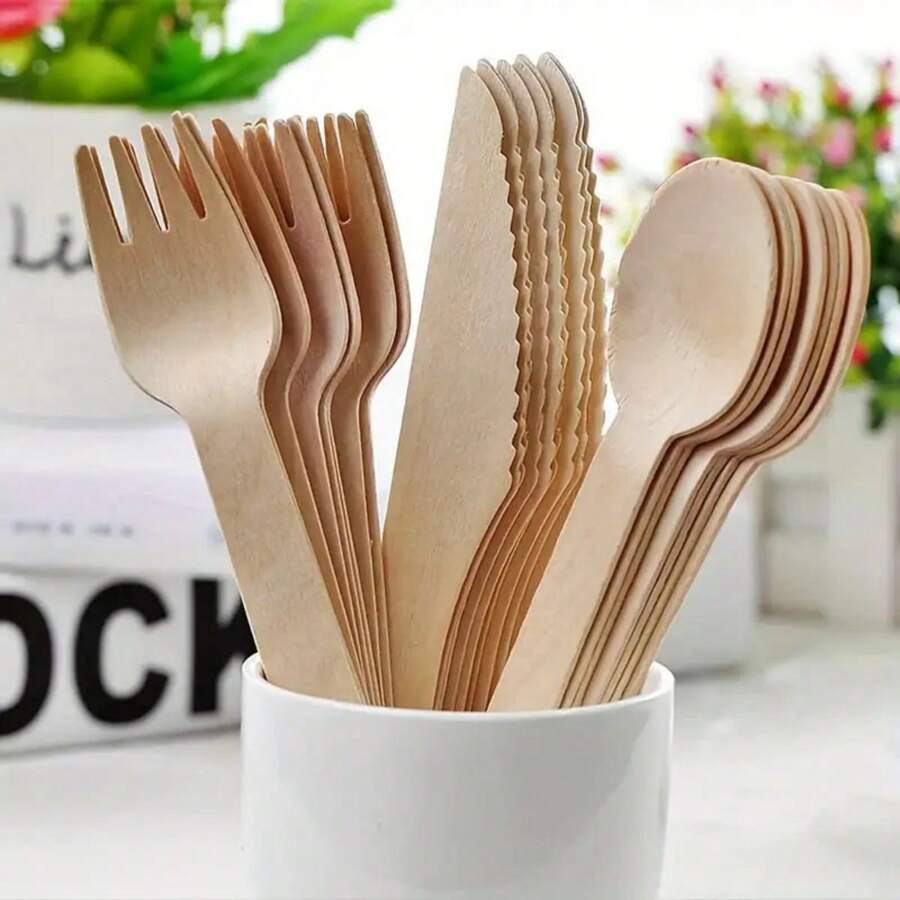 100pcsDisposable Wooden Cutlery Set Including Knife, Fork And Spoon For Party Gathering, Holiday, Birthday, Wedding And Home Decoration, For Home Kitchen Restaurant Hotel, Kitchen Supplies, Tableware Accessories
