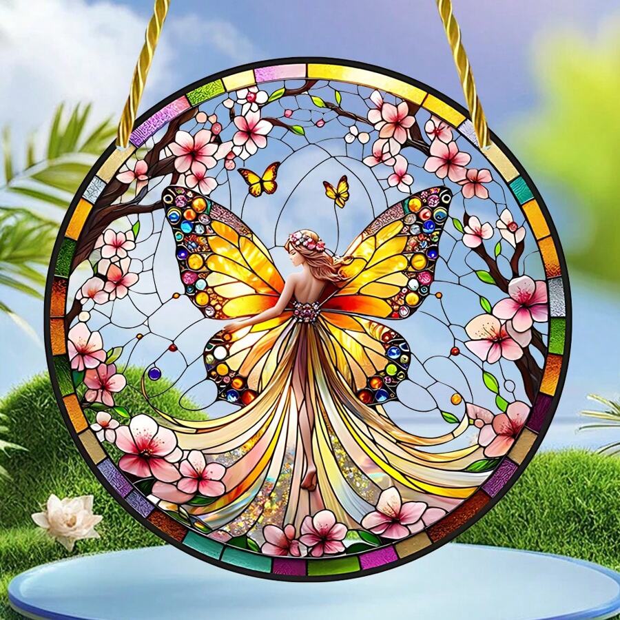 1pc 2D Flat Acrylic Butterfly Fairy Sunshine Catcher, Multi-Purpose Colorful Window Pendant, With Fairy And Wreath Design, Great For Garden, Home, Patio, Room Decoration,Home Decor ,Room Decor,Wall Decor