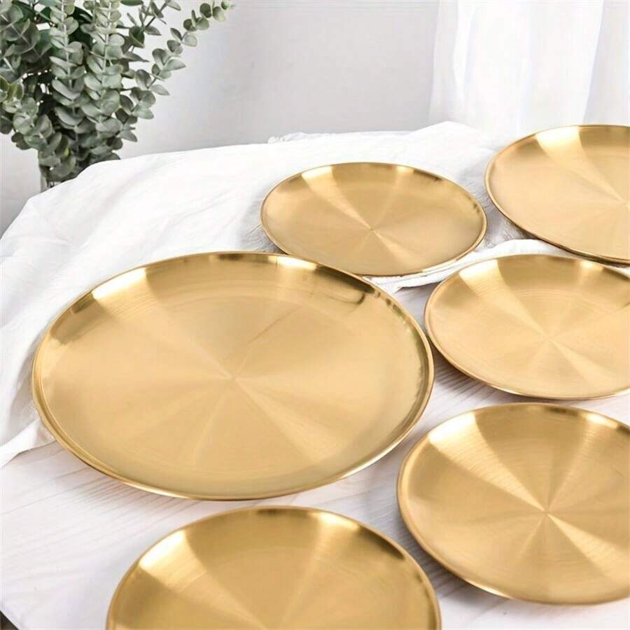 1 pieza/2 piezas Bandeja de acero inoxidable dorada para postre, café, plato occidental, plato de pizza, plato de comida para desayuno, café, té, bandeja decorativa dorada para servir, regalo de cumpleaños, suministros para fiestas de Acción de Gracias, Halloween, Pascua, Navidad (Dorado), Cocina, Regalo de Navidad