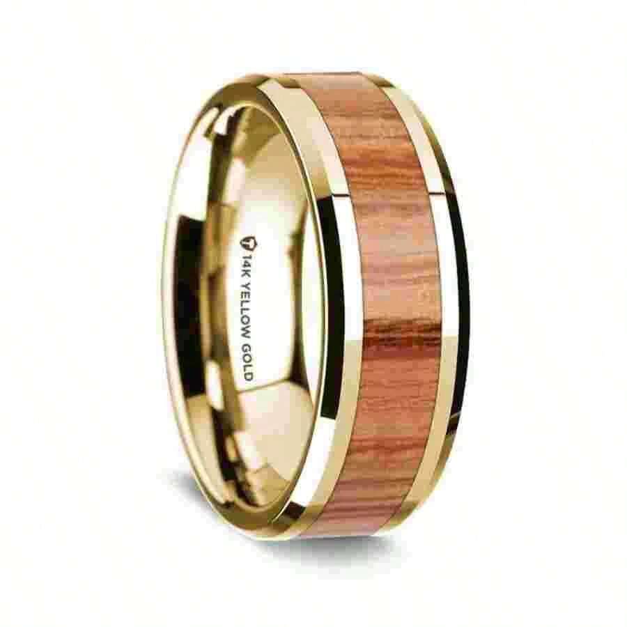 14K Yellow Gold Polished Beveled Edges Wedding Ring With Red Oak Wood Inlay - 8 Mm