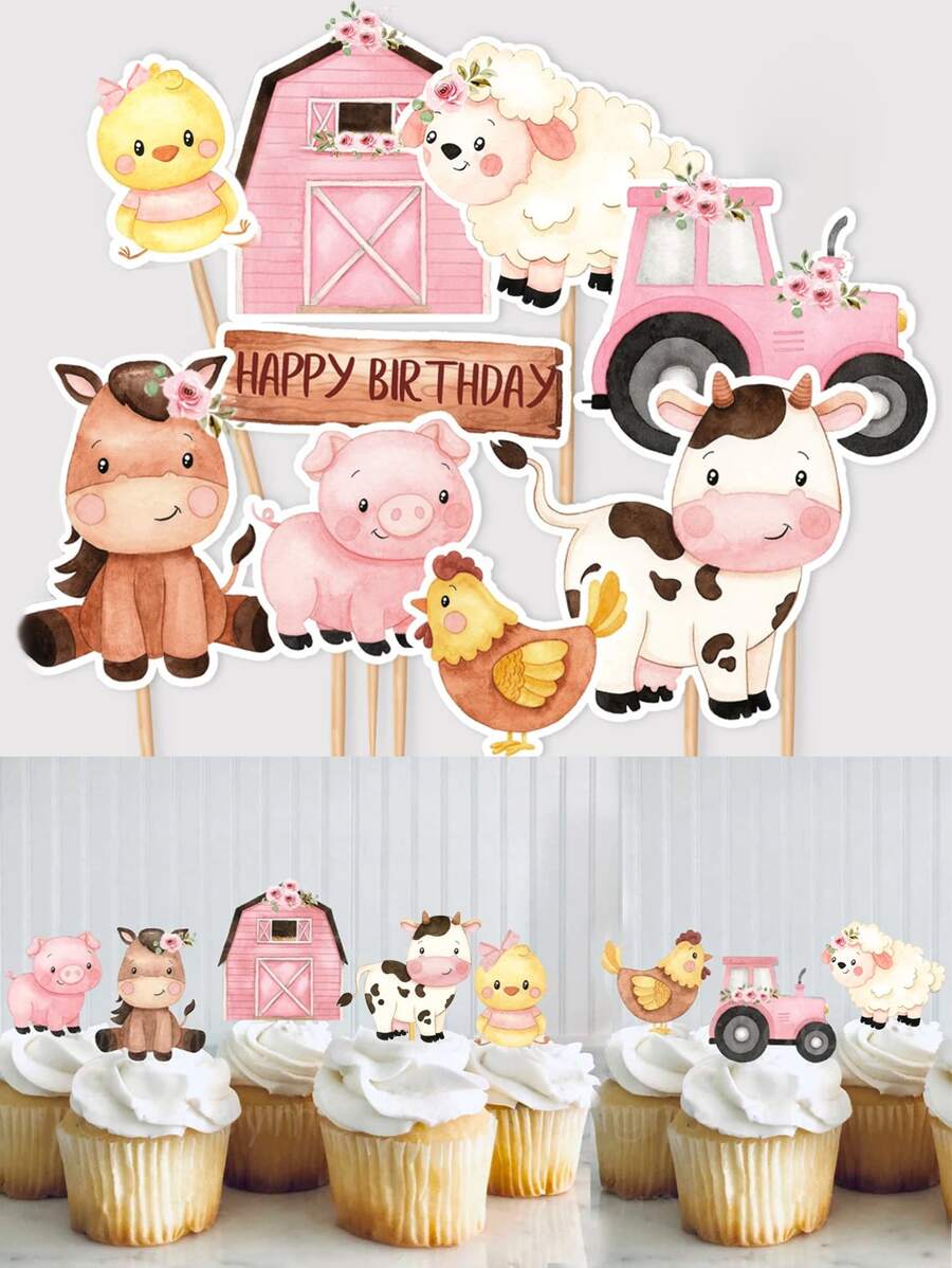 16/24pcs Farm Party Theme Paper Cupcake Toppers, Farm Themed Centerpieces, 4-Inch Farm Animal Cutouts, Farm Animal Decorations, Cupcake Decorations, Tabletop Decorations For Party Favors, Back To School Valentine Day