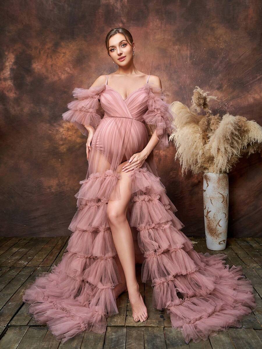 Elegante vestido de maternidad con hombros descubiertos y falda de tul con volantes para baby showers y ocasiones formales | Vestidos de invitada de boda, atuendo de gala, conjunto para almuerzo nupcial, vestido de ceremonia de noche, vestido para evento de té, vestido para sesión de fotos de maternidad