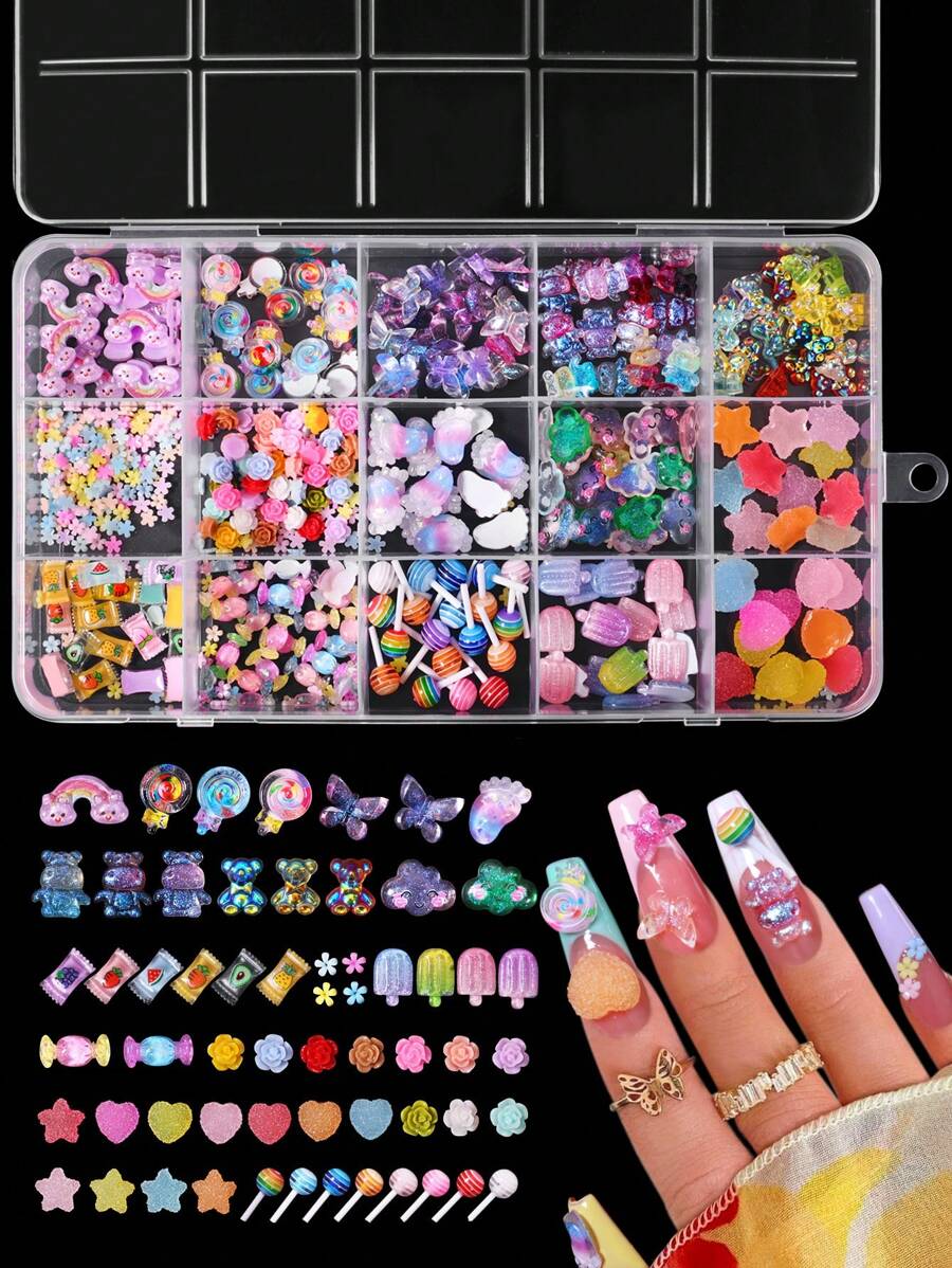 Lindo kit de arte de uñas de amor dulce con diseño de mini lollipop y decoración acrílica 3D para uñas, con colores y calcomanías llamativas, dijes para uñas, joyas para uñas y suministros para uñas DIY decoración uñas