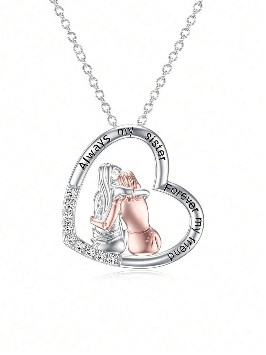 1 pieza Collar con colgante en forma de corazón de plata 925 decorado con la frase "siempre mi hermana, por siempre mi amiga", un regalo festivo y de uso diario ideal para mujeres en San Valentín