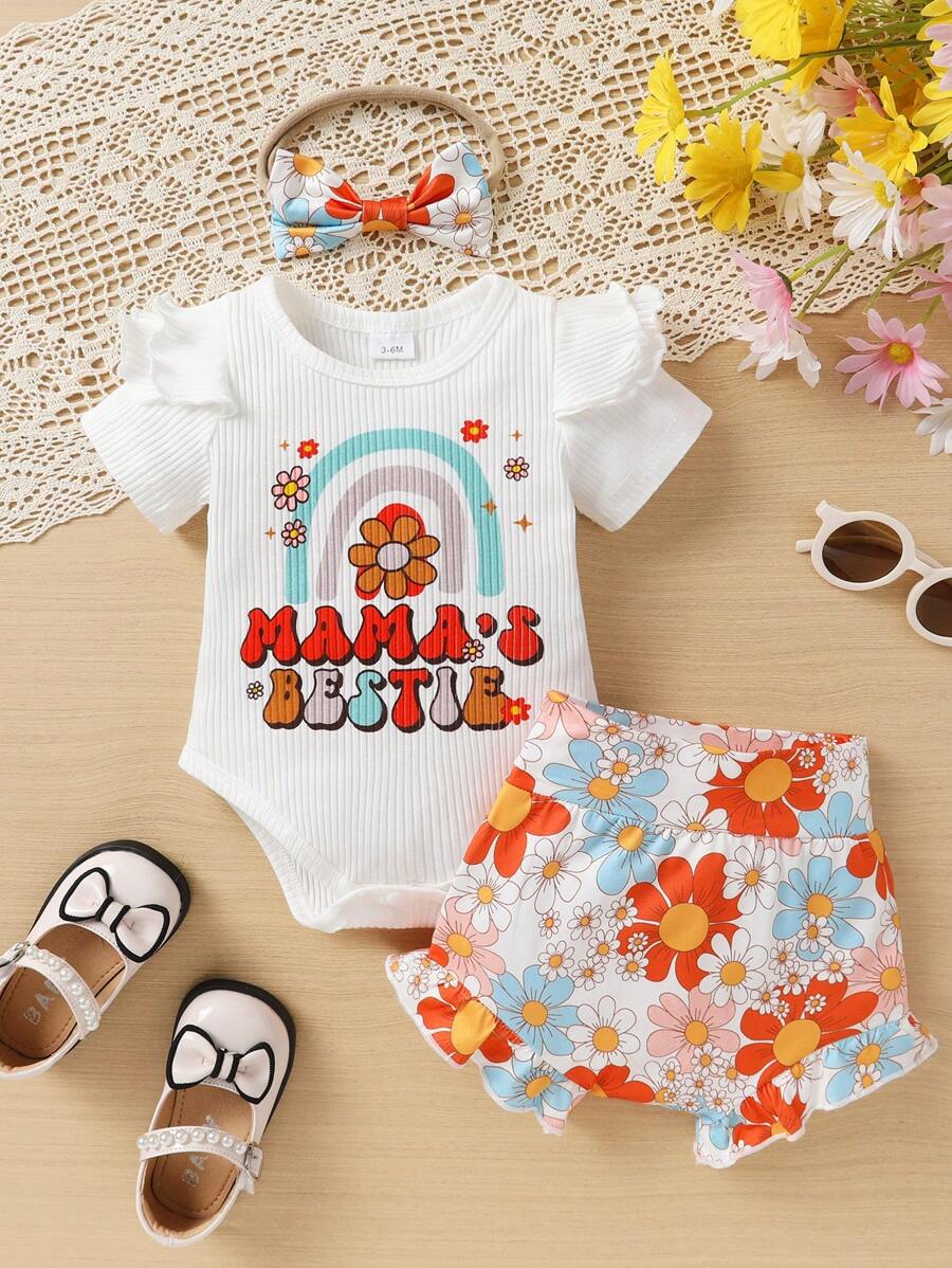 3pcs Baby Girls' Elegant Sweet Letter, Rainbow & Floral Print Ruffle Bodysuit, Shorts And Headband Set For Casual, Daily Wear, Vacation And Party