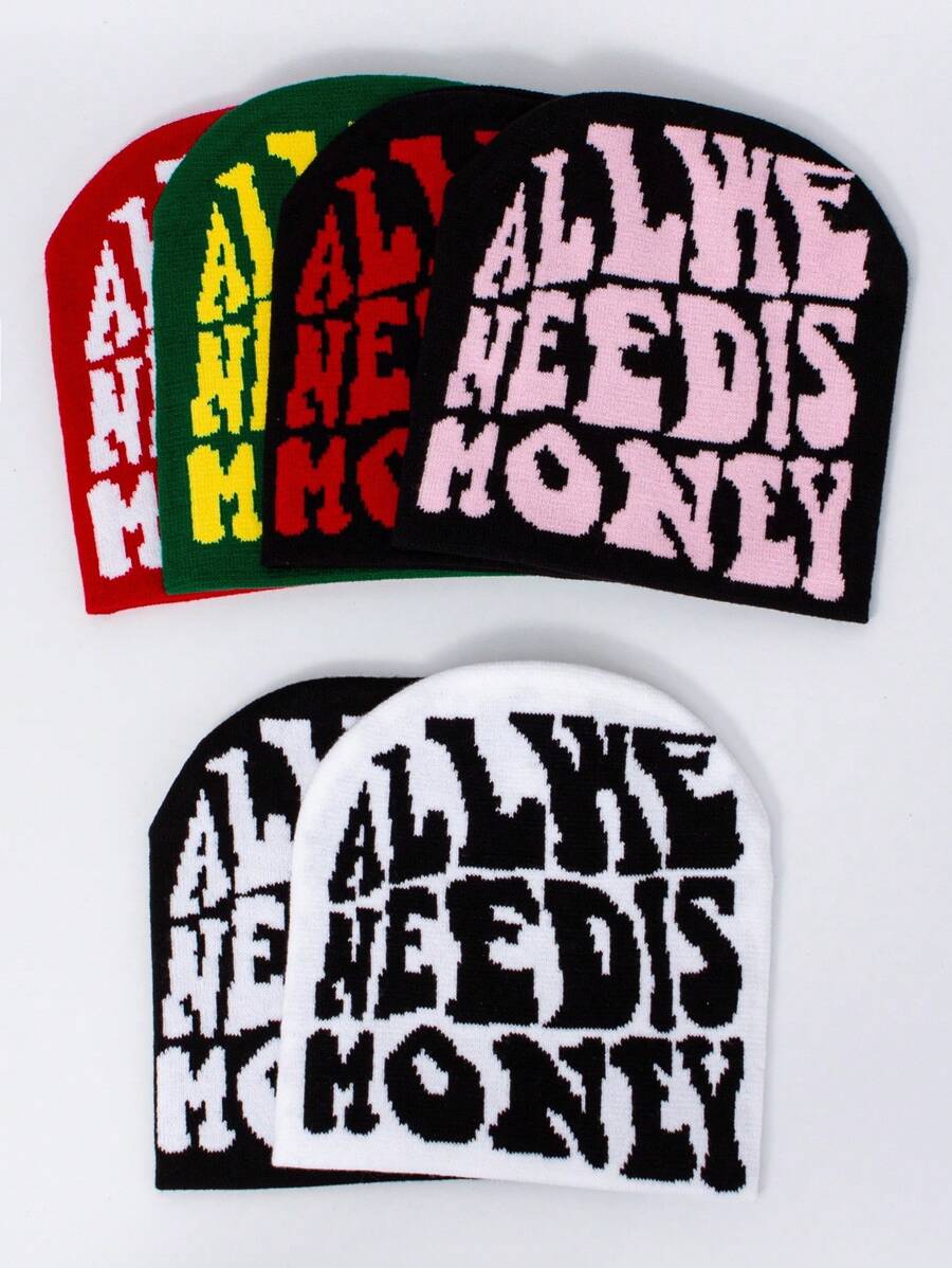 1pc Acrylic 'All We Need Money' Casual Beanie Hat, Warm Knit Cap Unisex Winter Fashion