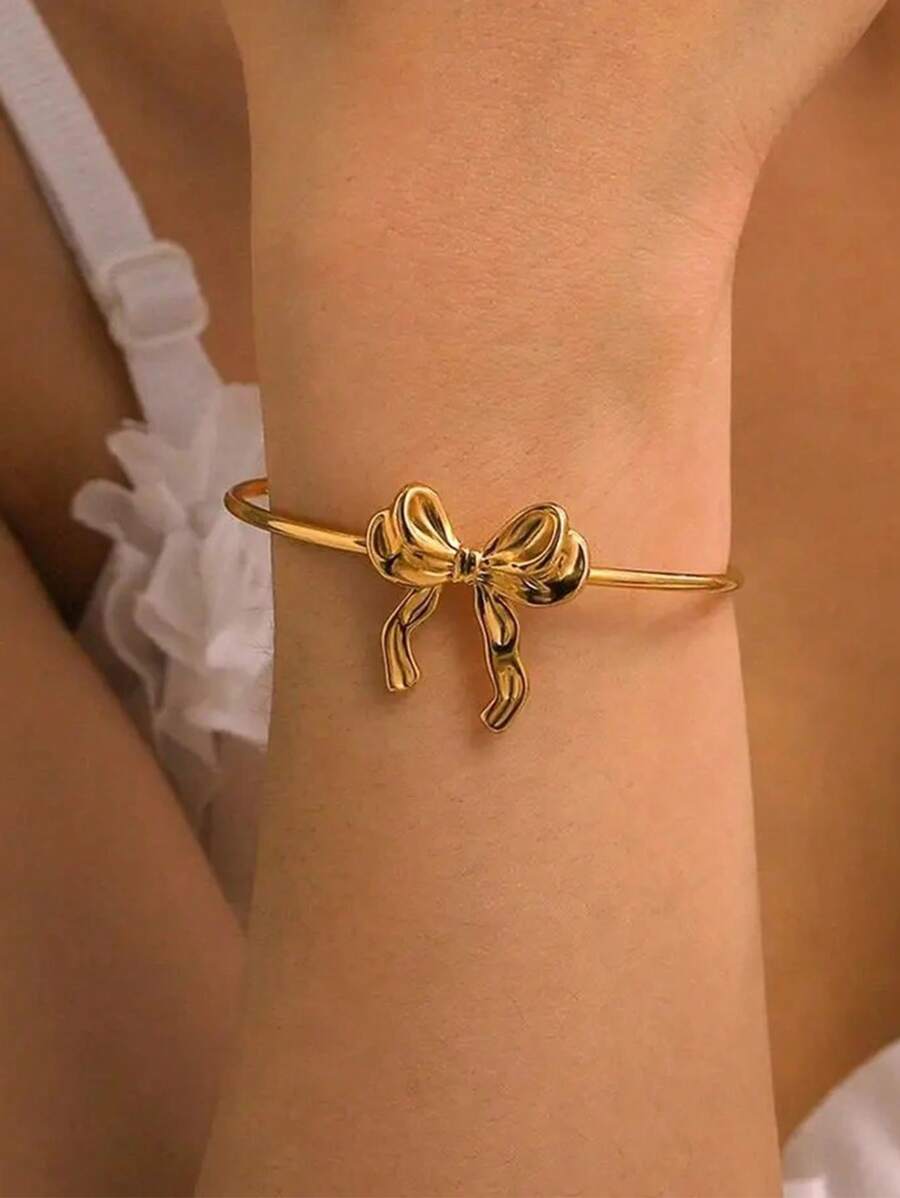 1 Pc Fashion Bow Open Bracelet For Women Gold Color Stainless Steel Geometric Bracelet Birthday Party Jewelry Gift Valentines,Mom,Mother,Mother's Day,Gift