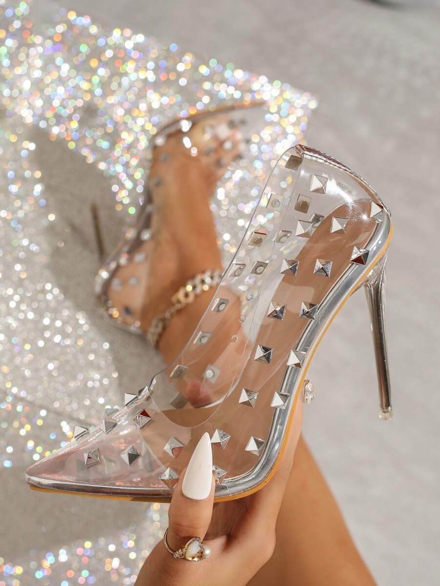 Pointed Transparent Tangerine Decor Low Vamp Stiletto High Heel Fashion Shoes Wedding Shoes, Sizes 35-42