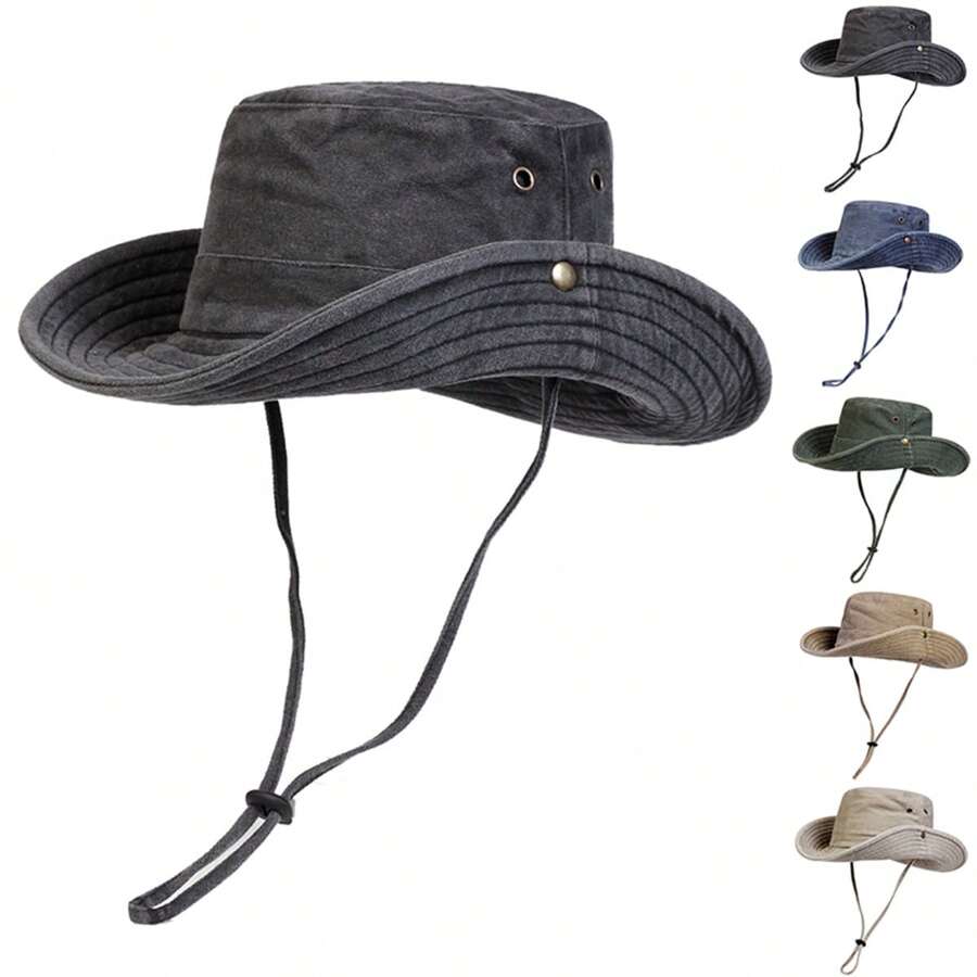 1pc Men's Solid Color Bucket Hat, Outdoor Fishing Hiking Sun Protection Wide Brim Cap, Suitable For Spring & Summer Travel, Beach