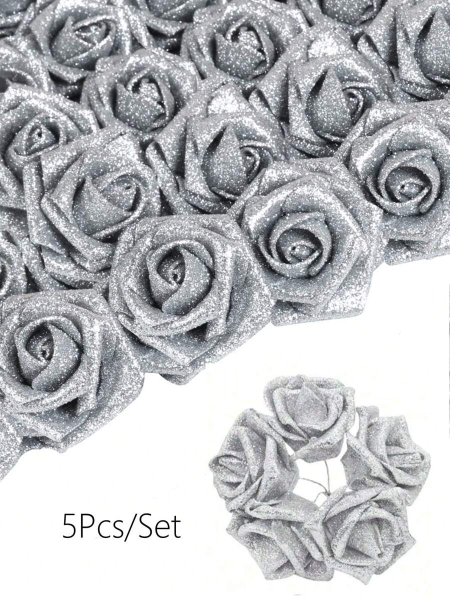 10pcs Or 5pcs/Pack Glitter Roses Golden Artificial Rose Flower, Glitter Flowers Foam Rose With Stem For DIY Wedding Bridal Bouquet Home Party Decoration, Halloween Decor, Home Decor, Valentine Day, Gift Gifts Birthday Graduation
