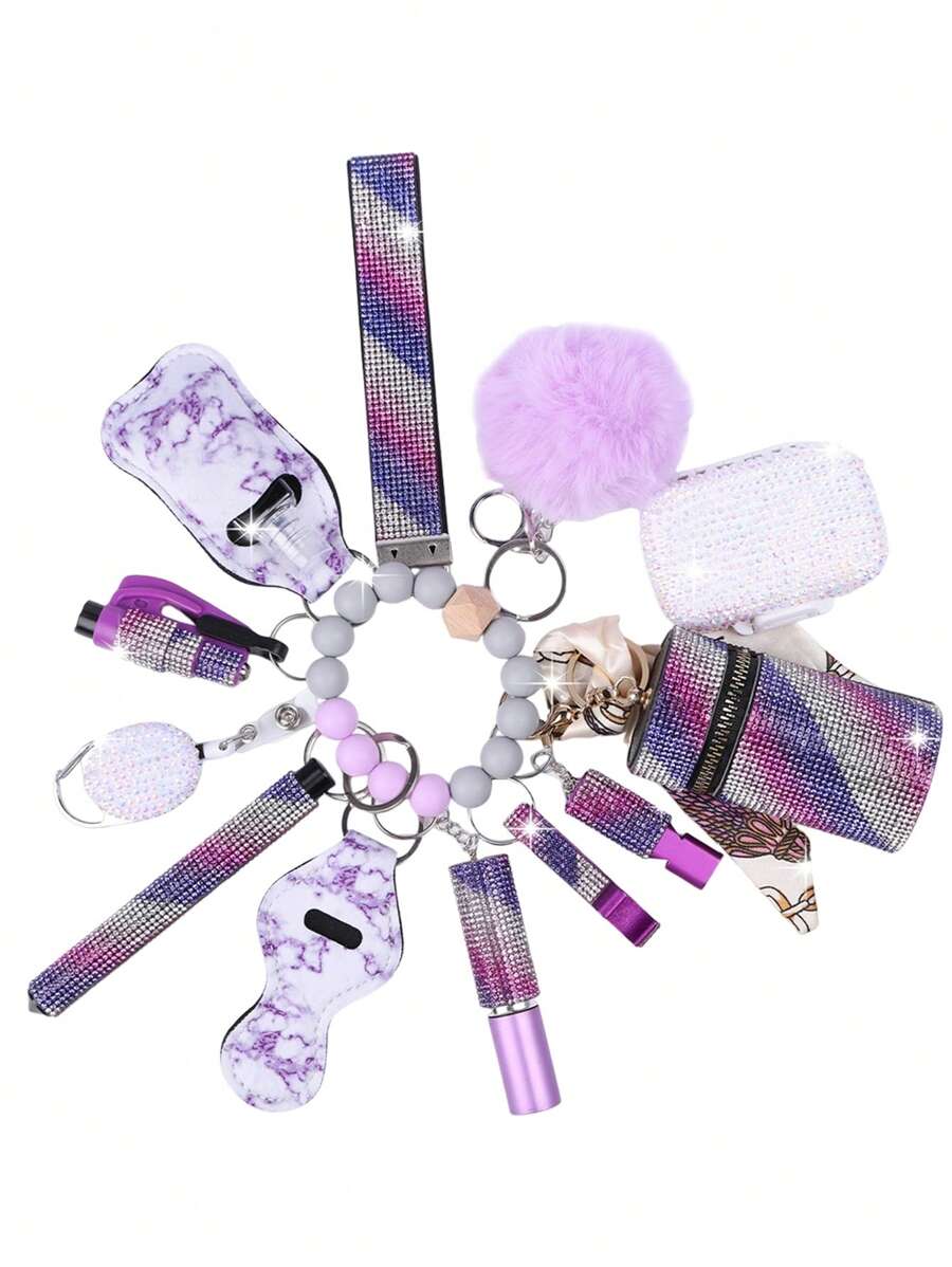 13-Pcs Women's Rhinestone Self-Defense Keychain Set - Bracelet Keychain With Storage Bag, Pom Pom Card Holder, Stylish And Durable Design For Self-Protection