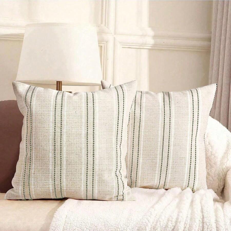 1 peça Capa de Almofada Decorativa de Linho estilo Fazenda, Capa de Almofada com Textura Boho, Bege com Listra Tingida de Fios Branco e Azul Marinho para Sofá, Sala de Estar (Somente Capa)