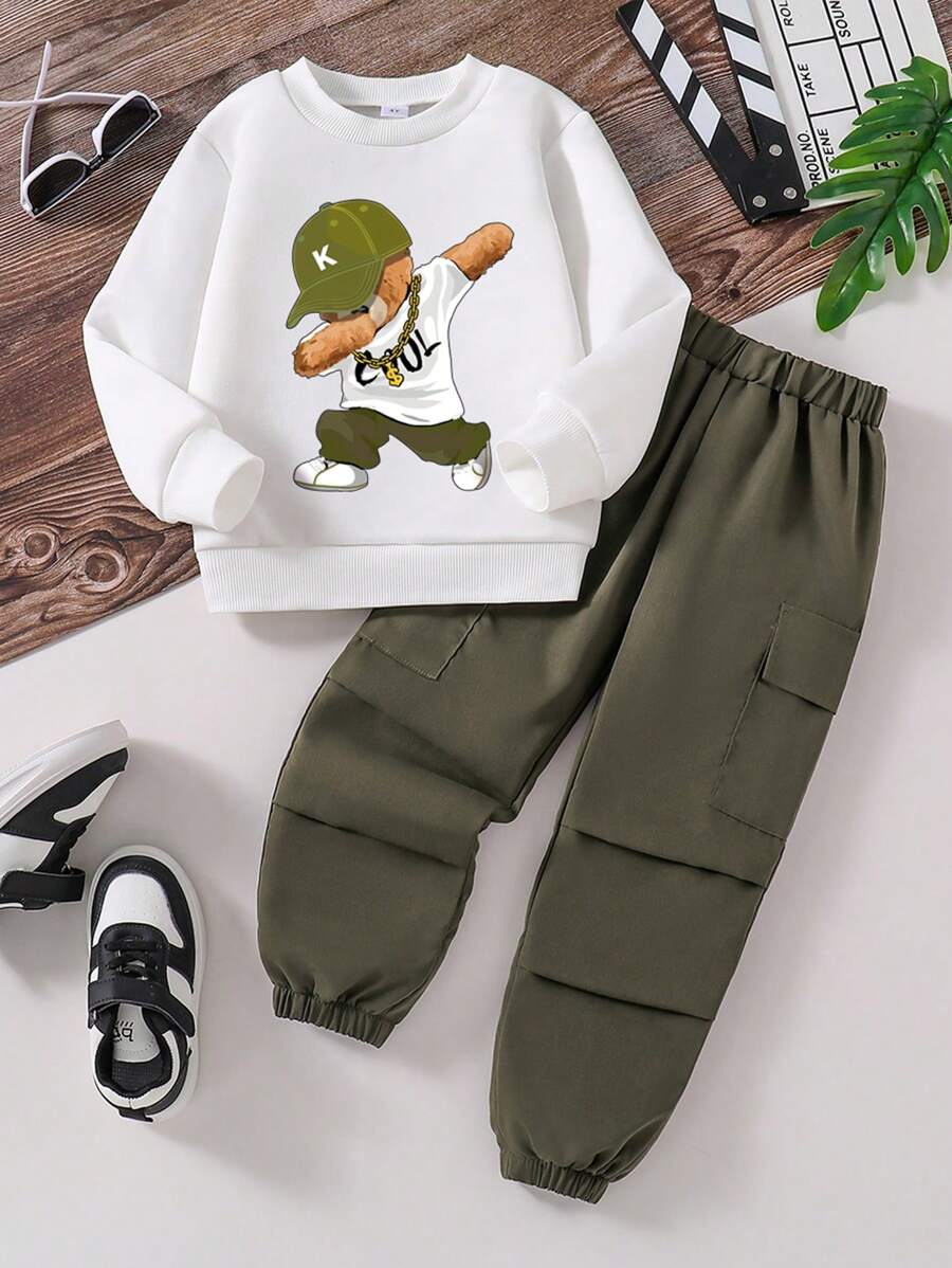 Young Boy Bear Printed Warm Round Collar Sweatshirt And Cargo Pants