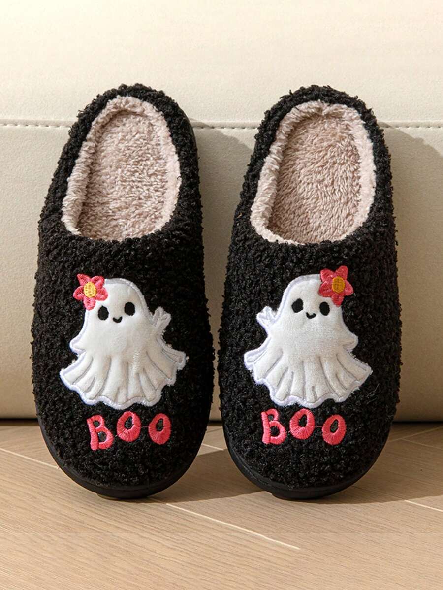 Halloween Cute Cartoon Ghost Indoor Slippers, Anti-Skid Flat Women's Furry Slippers