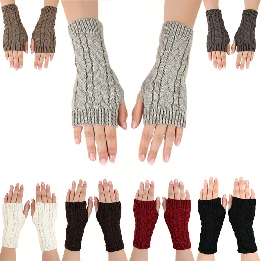 1 Pair Solid Color Cable Knit Fingerless Gloves For Women, Fashion Accessory And Warmth