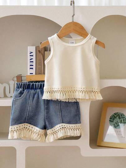 Young Girls' Solid Color Fringe Camisole And Denim Shorts Casual Outfit, Summer
