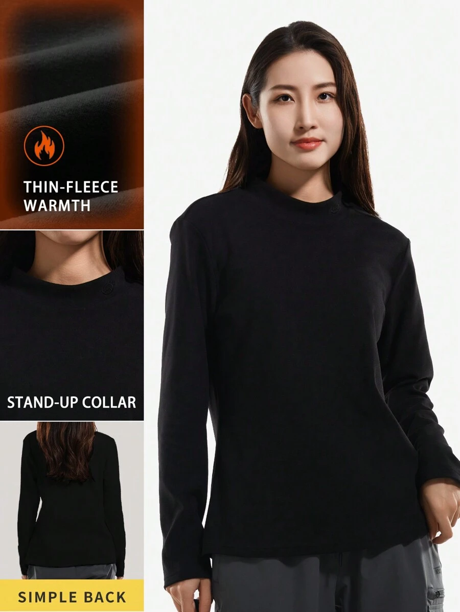 TECTOP Women's Fall And Winter Outdoor Climbing Double-Sided Padded Long-Sleeved T-Shirt Bottoming Shirt Warm Windproof Soft Stretch Half-High Collar
