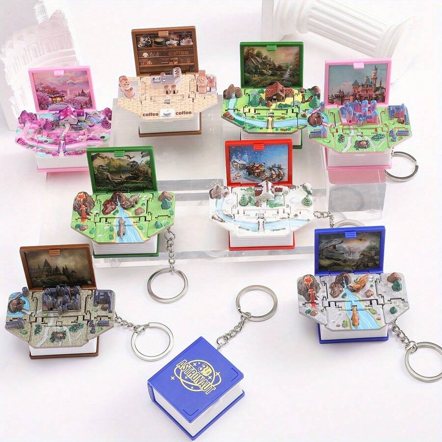 1/2/8pcs 3D Folding Magic Book Mini Keychain, Decompression Creative Keyring, Random Pattern Christmas & Halloween Small Gift Car Accessories Bag Charm School Letter