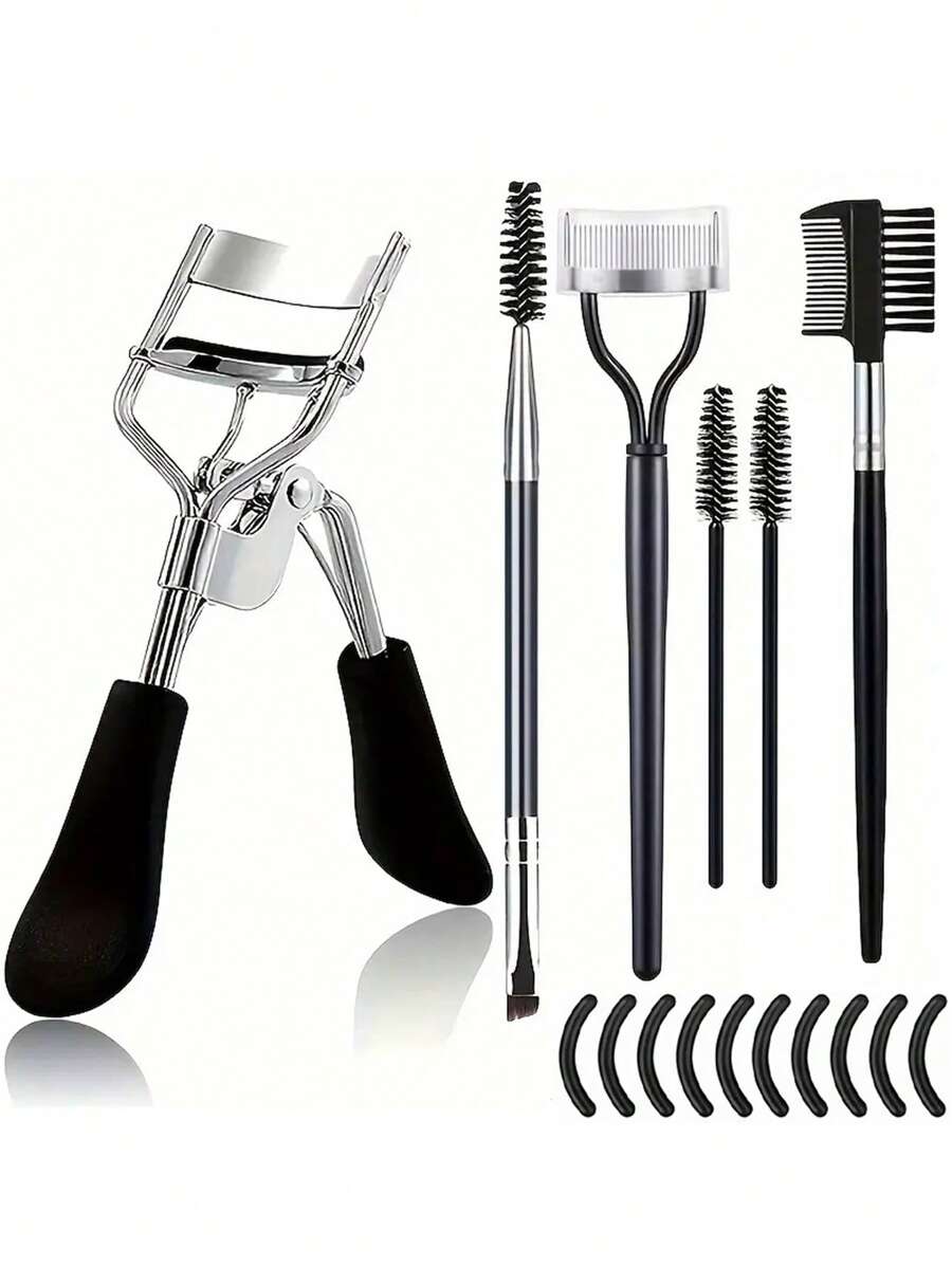 16-delige roestvrijstalen wimperkrullerset, inclusief 1 stuks wimperkruller, 1 stuks wimperkam, 2 stuks wimperrollers, 1 stuks schuine wenkbrauwborstel met twee uiteinden, 1 stuks wenkbrauwborstel en 10 stuks siliconen navulpads, voor wimpers en wenkbrauwen