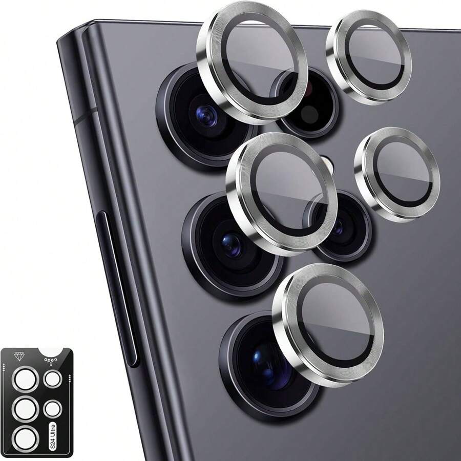 1 Set Tempered Glass Lens Protector Aluminum Alloy Ring Anti Scratch Decorative Camera Cover Compatible With Samsung Galaxy - Silver Gift For Birthday, Family, Friends Alloy Metal With Tempered Glass Full Cover, Lens Protector, Phone Accessories