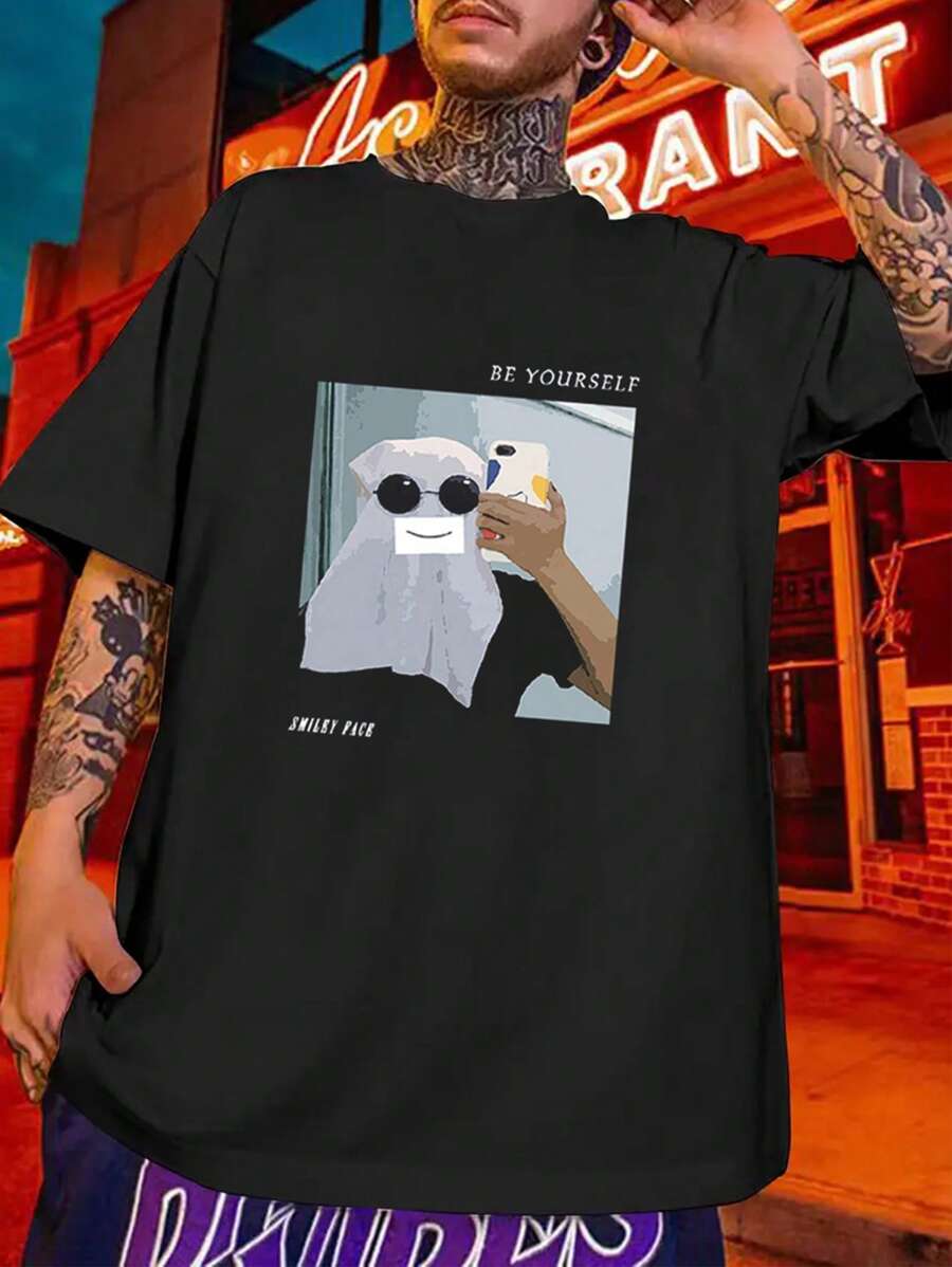 T-shirt d'été à manches courtes et ample à la mode pour hommes avec impression de slogan et personnage, col rond