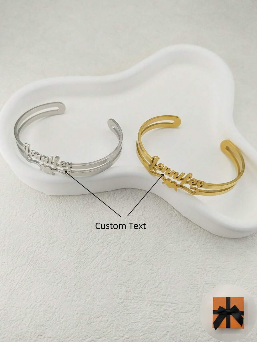 1pc Personalized Stainless Steel Double Layer Hollow Open Bangle Bracelet, Customized With Name & Heart Shaped Design, Adjustable, Suitable For Couples & Family Members, Ideal Gift - Golden Valentines