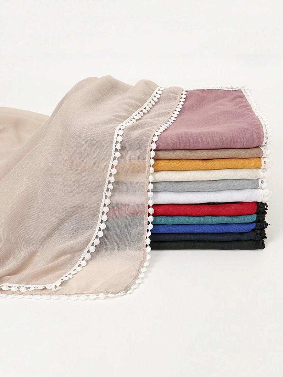 1pc dames Bali-garen effen kleur sjaal met kleine kanten rand, bijpassende ademende, huidvriendelijke wikkelsjaal, geschikt voor dagelijks gebruik
