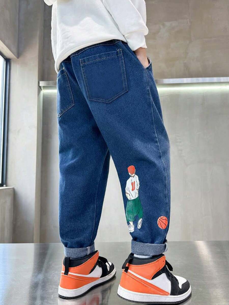 Tween Boys' Cartoon Character Printed Patch Pocket Wide-Leg Casual Jeans