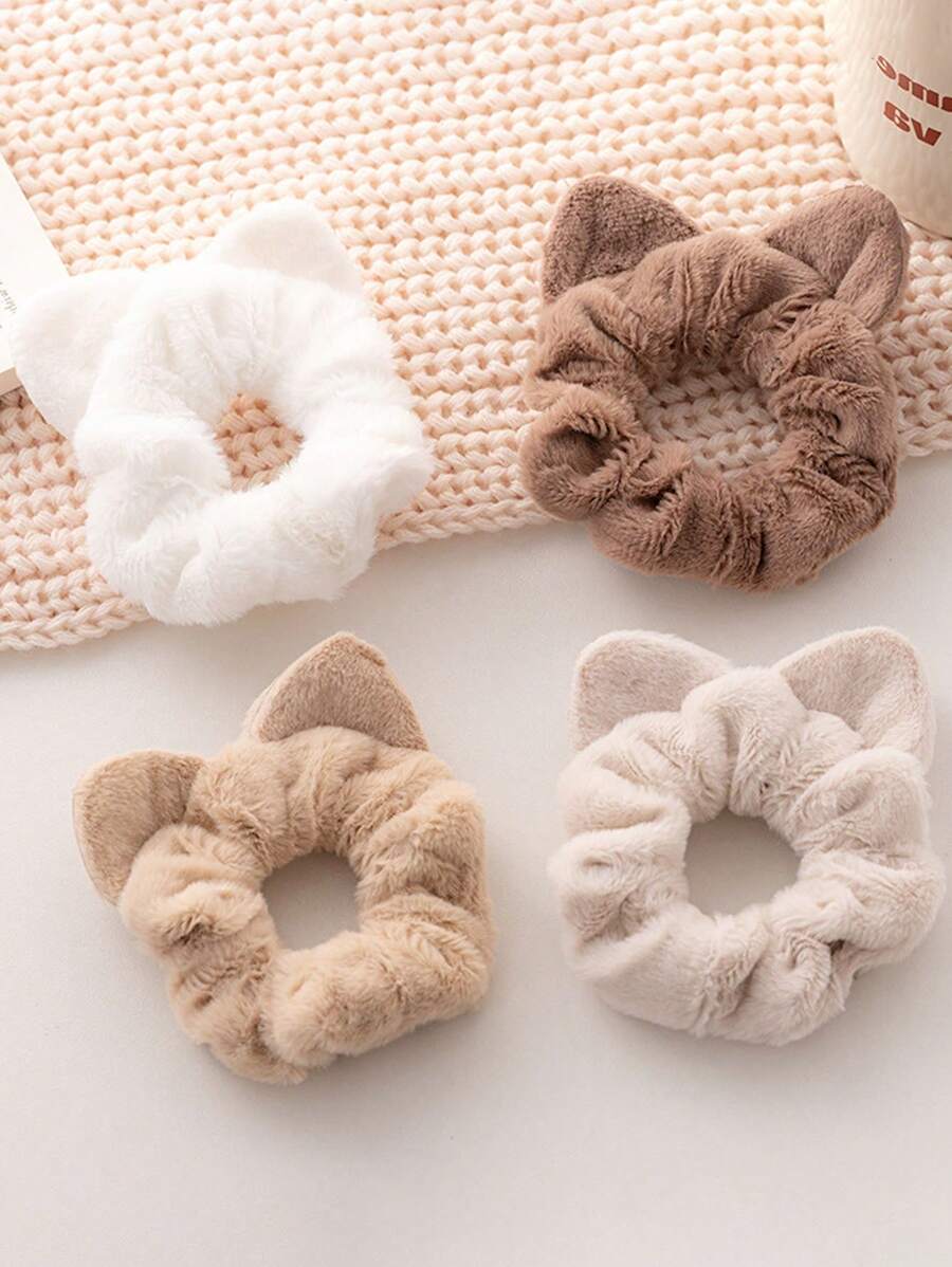 4 piezas/set Adorables coleteros con orejas de gato de peluche, coleteros esponjosos para coleta, elasticos de pelo en espiral, accesorio de pelo - color aleatorio