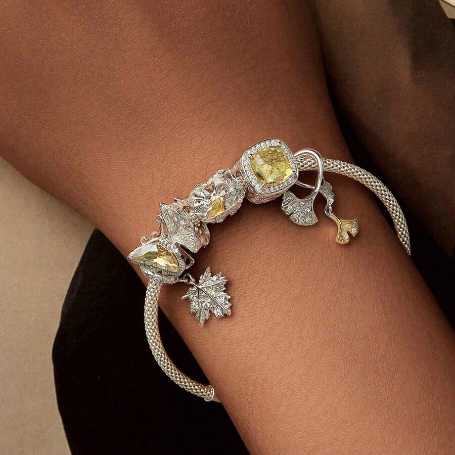 bamoer Colgante de plata de ley 925 Bamoer con hoja de ginkgo amarilla/planta/flor/mariposa de circonia, cuenta de otoño con rosa para ajustar el brazalete de mujer de joyería fina DIY