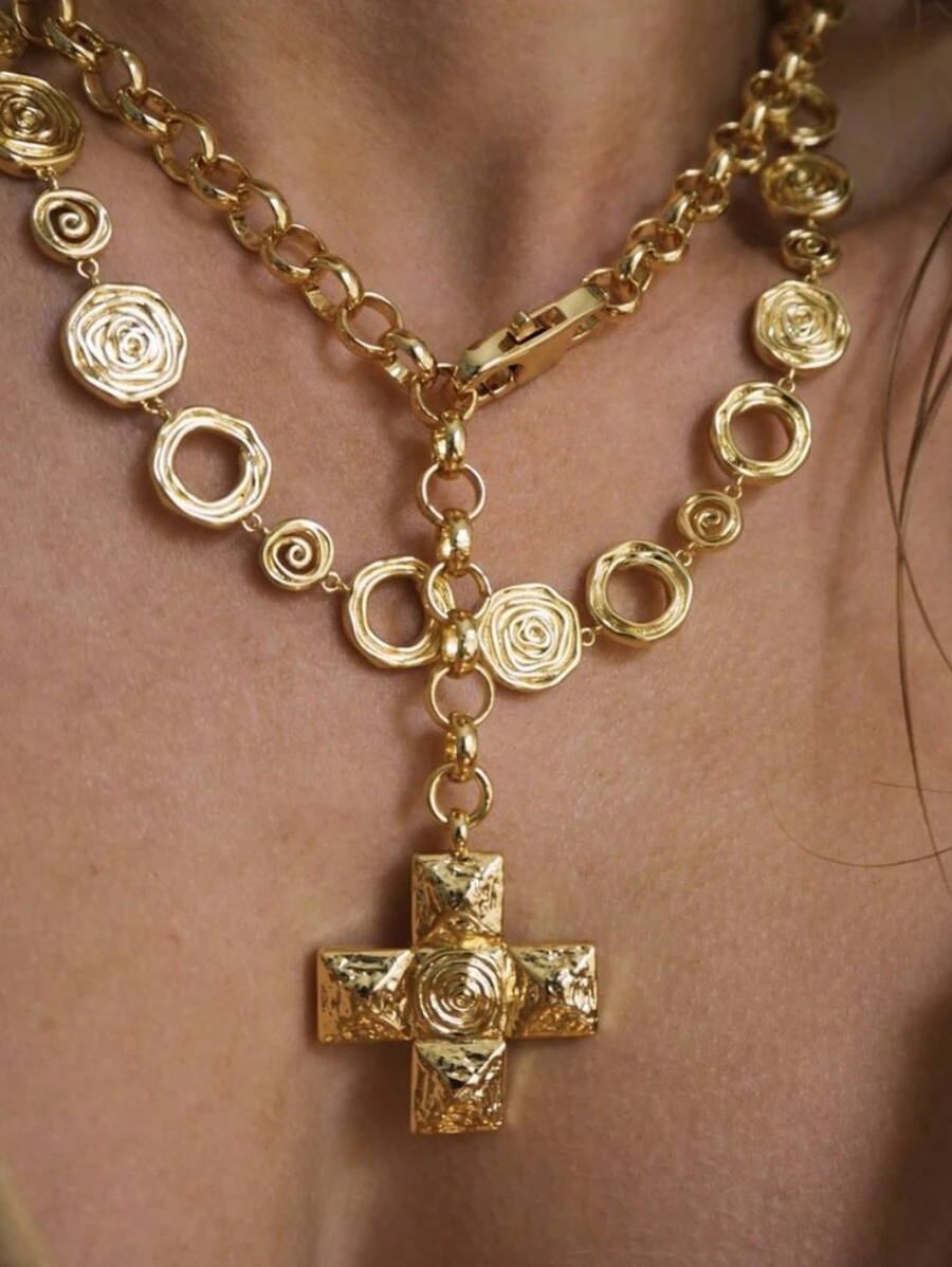 1pc 18K Gold Plated Titanium Steel Cross Water Spin Bead Chain Necklace