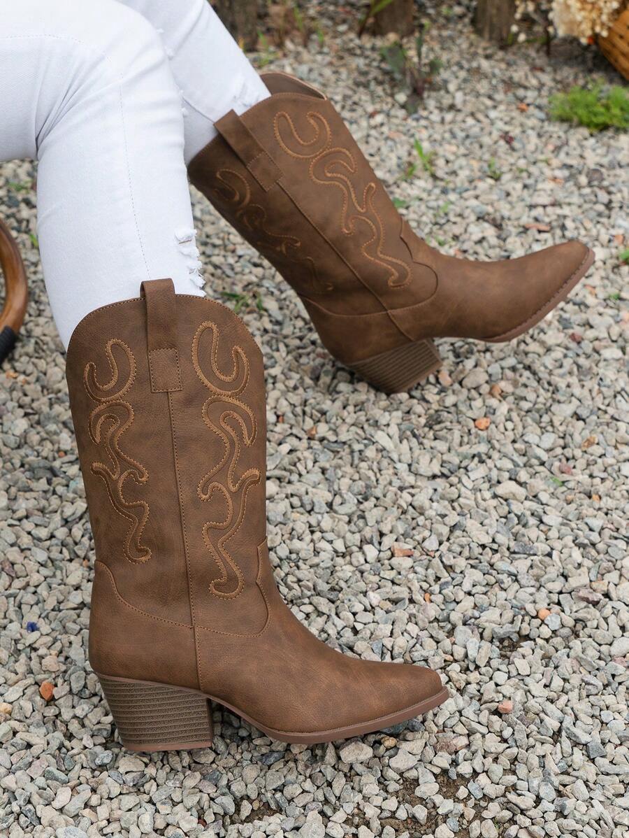 Damen Mode Slip-On Stickerei Keilabsatz einfarbig Lässig Stiefel