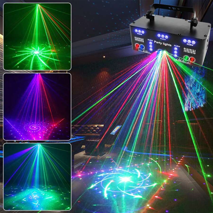 DJ-discolicht feestlamp met laser en LED, 21 LED RGB-licht, geluidsregeling, stroboscoop, zelfrijdende en DMX-effectspot voor feest, familiereünie, bar, nachtclub, KTV liveshow, verjaardag