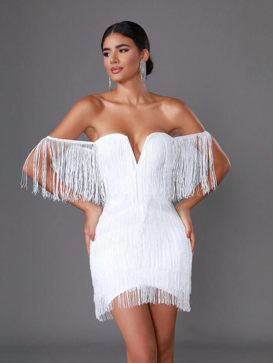 Love Aing 2024 New Ladies Sexy V-Neck Sleeveless Bandage Party Mini Dress With Fringe, For Ball & Gala White Elegant Cocktail Semi Formal Prom Wedding Guest Dress, For Birthday, Graduation, Dinner, Homecoming
