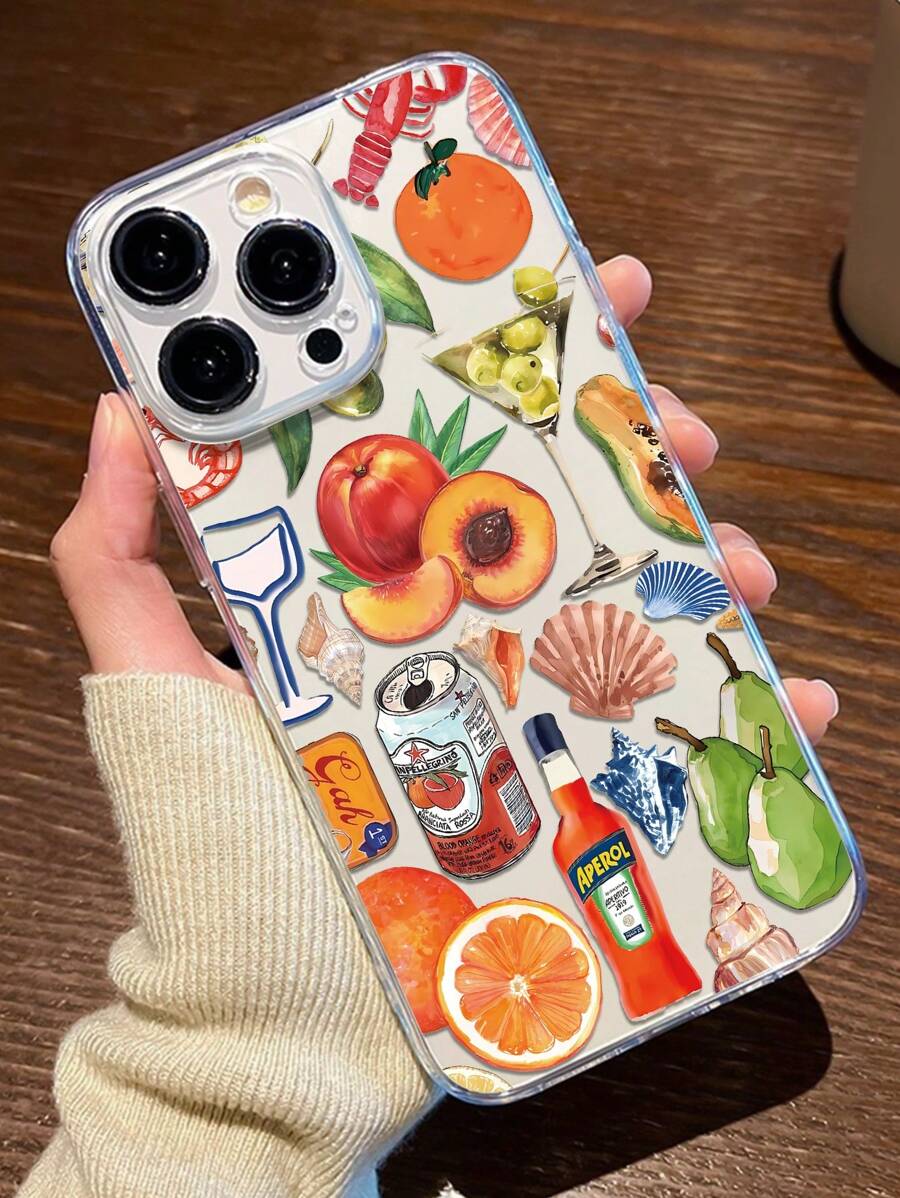 1 pieza Funda de teléfono de TPU transparente con diseño de fruta y bebida, anti-caídas y antihuellas compatible con iPhone