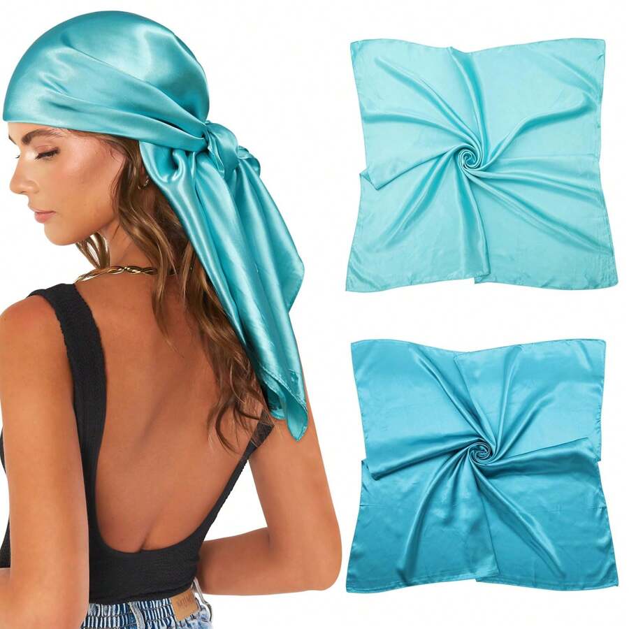 35" Large Satin Square Head Scarf - 2Pcs Silk Like Floral Head Scarves Square Satin Hair Scarf Bandanas For Women